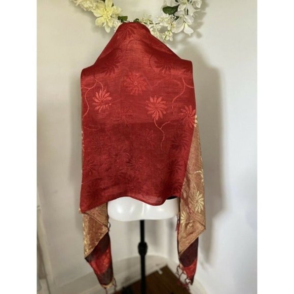 Vintage Shiny Scarf Shawl with Fringe Woman's Red Gold Rectangular Scarf 60"X24" - Picture 7 of 10